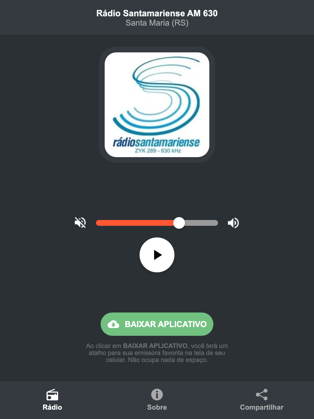 Screenshot do aplicativo da Rádio Santamariense AM 630