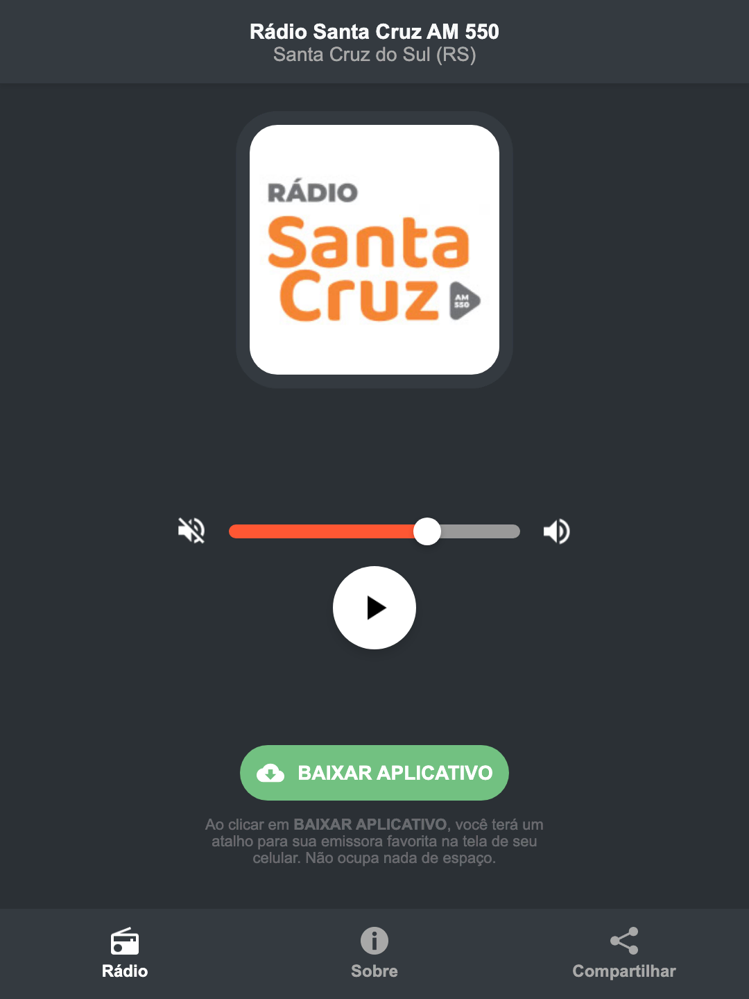 Screenshot do aplicativo da Rádio Santa Cruz AM 550