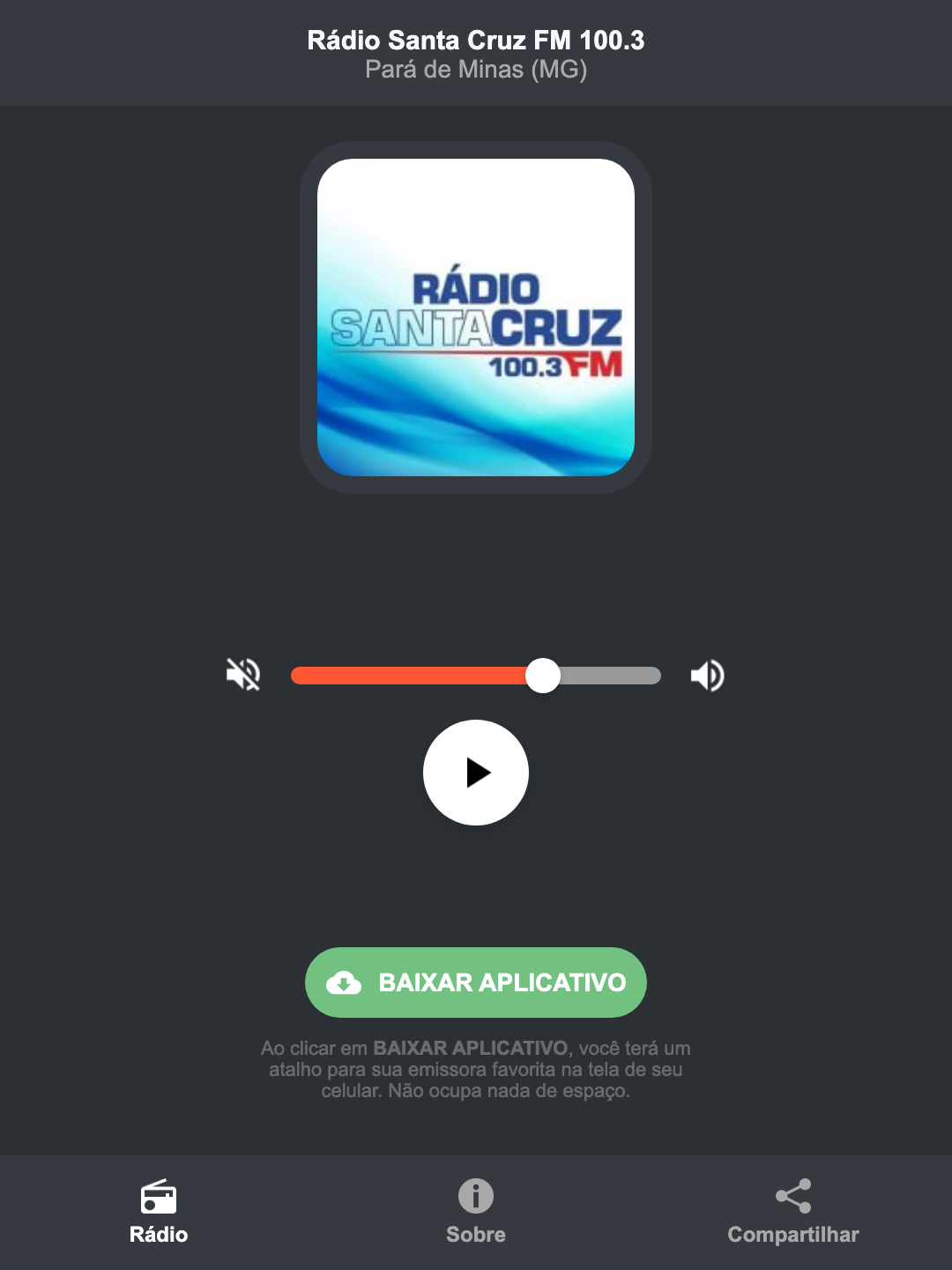 Screenshot do aplicativo da Rádio Santa Cruz FM 100.3