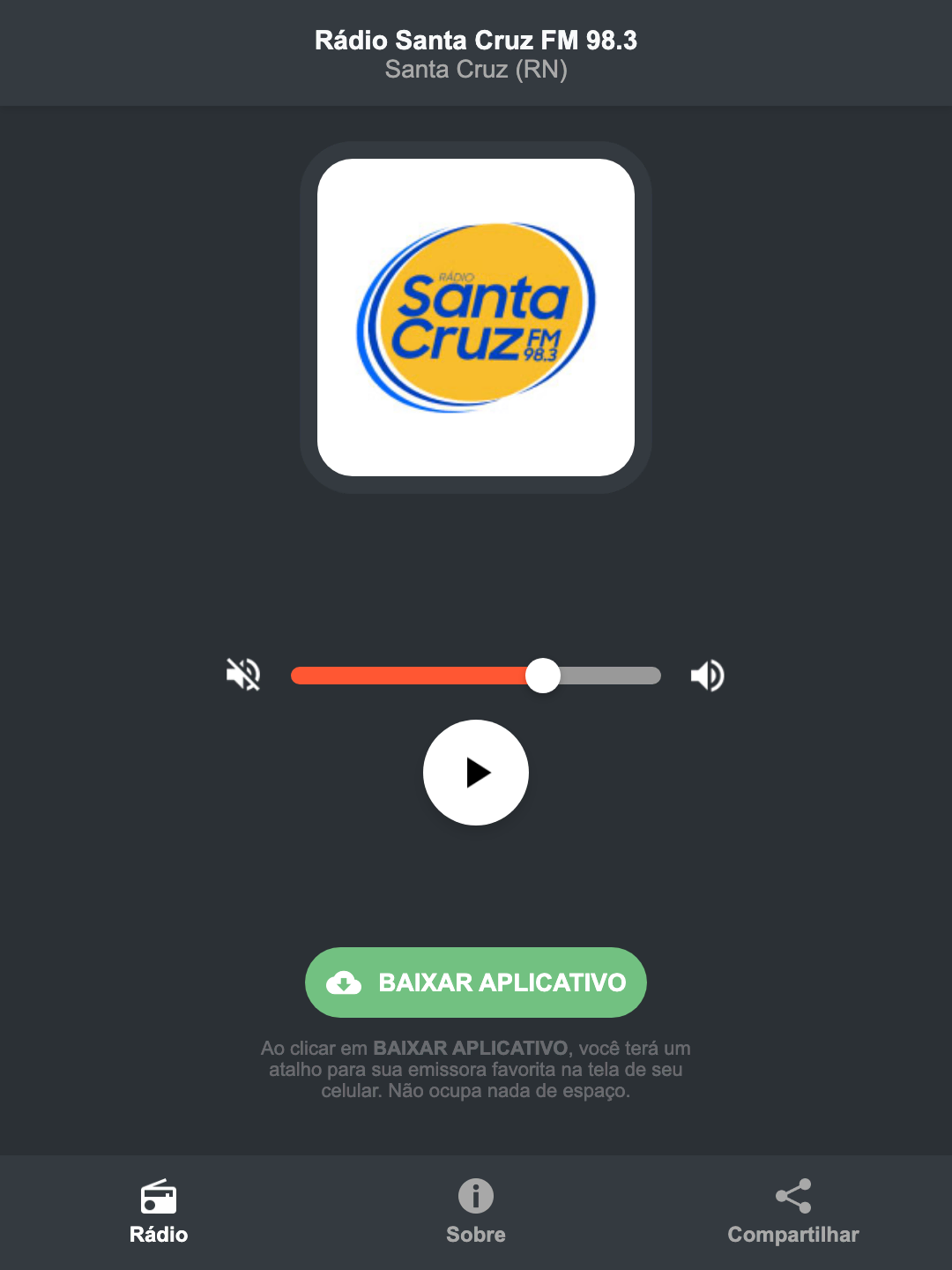 Screenshot do aplicativo da Rádio Santa Cruz FM 98.3