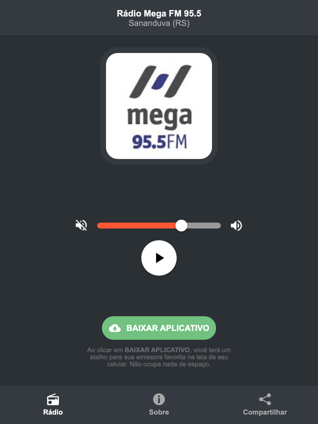 Screenshot do aplicativo da Rádio Mega FM 95.5