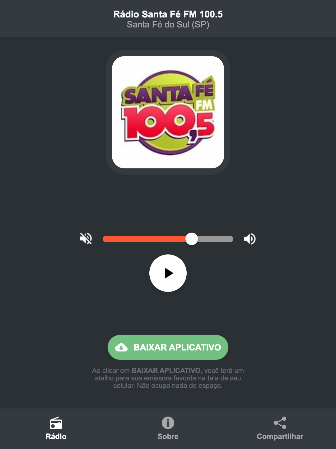 Screenshot do aplicativo da Rádio Santa Fé FM 100.5
