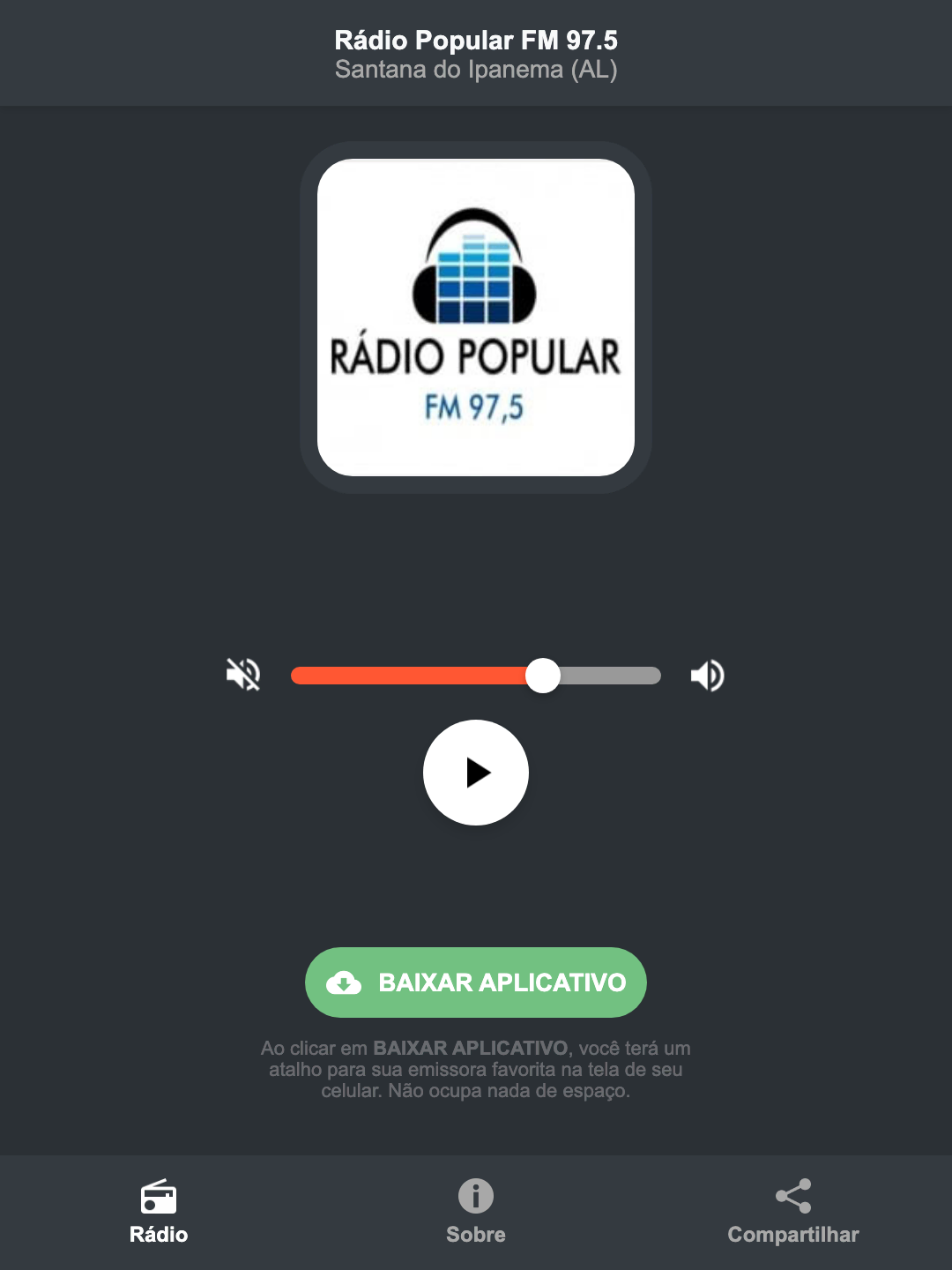 Screenshot do aplicativo da Rádio Popular FM 97.5