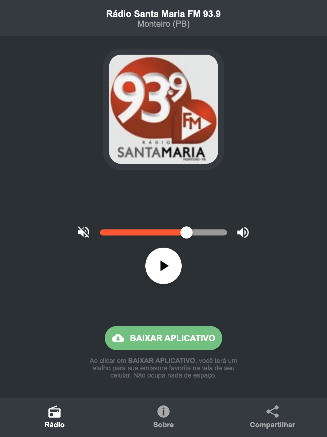 Screenshot do aplicativo da Rádio Santa Maria FM 93.9