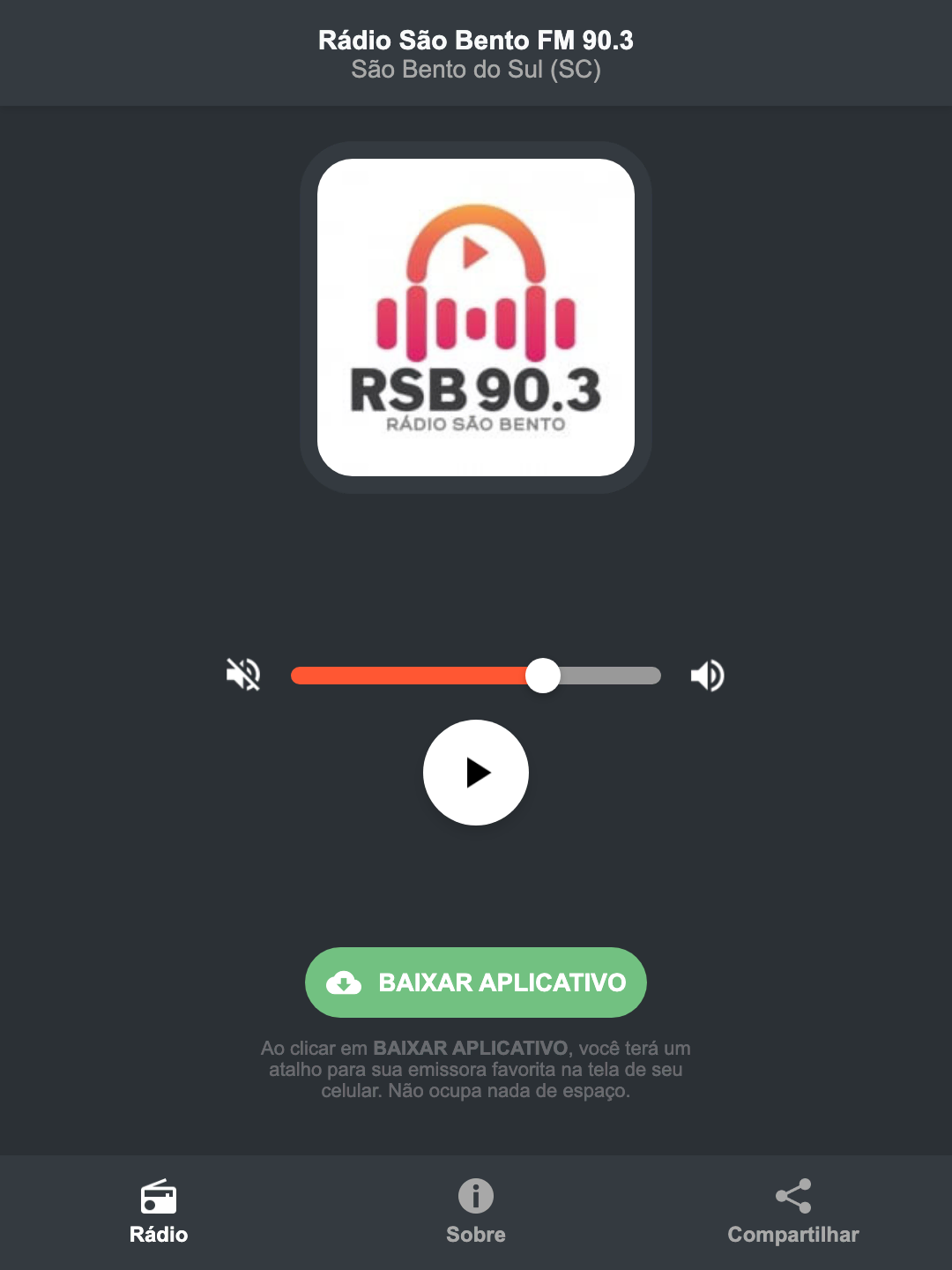 Screenshot do aplicativo da Rádio São Bento FM 90.3