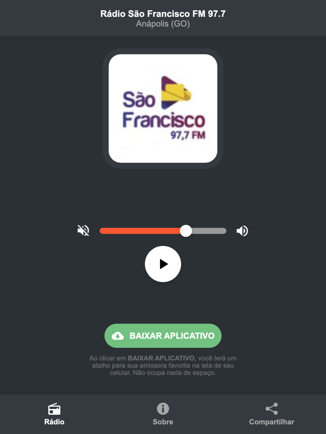 Screenshot do aplicativo da Rádio São Francisco FM 97.7