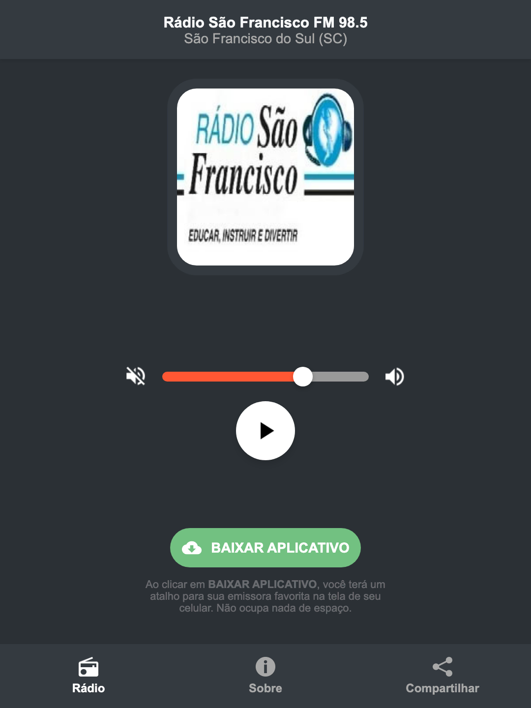 Screenshot do aplicativo da Rádio São Francisco FM 98.5