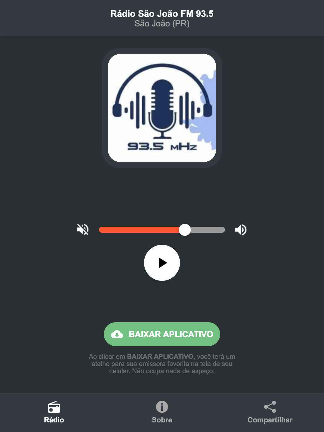 Screenshot do aplicativo da Rádio São João FM 93.5