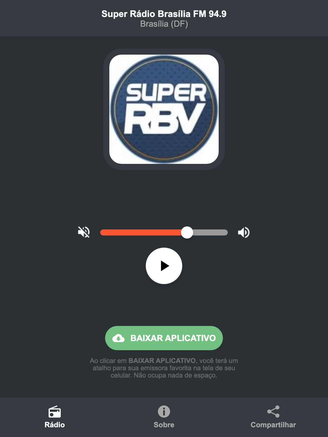 Screenshot do aplicativo da Super Rádio Brasília FM 94.9