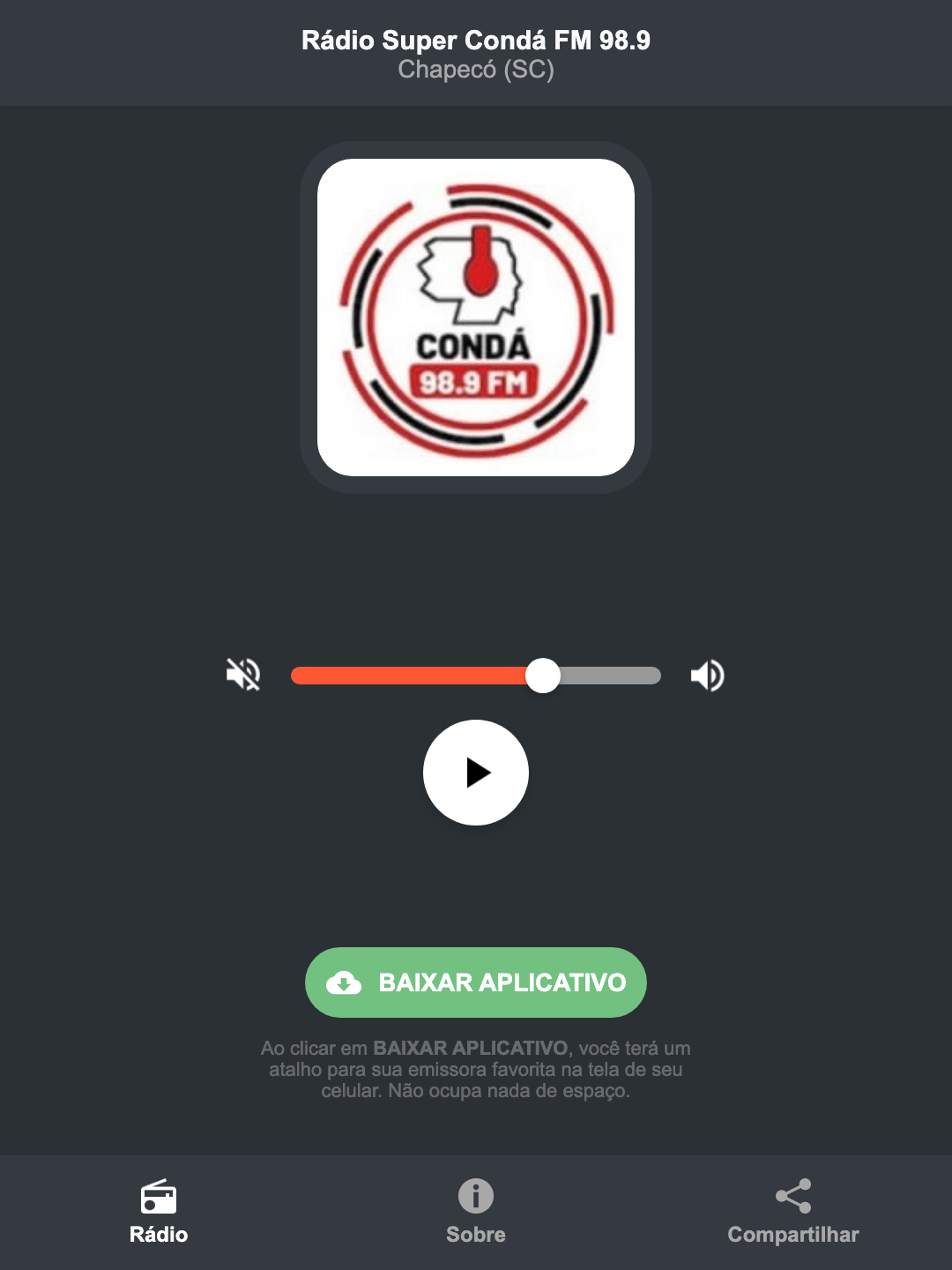 Screenshot do aplicativo da Rádio Super Condá FM 98.9
