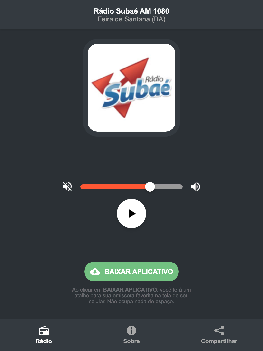 Screenshot do aplicativo da Rádio Subaé AM 1080