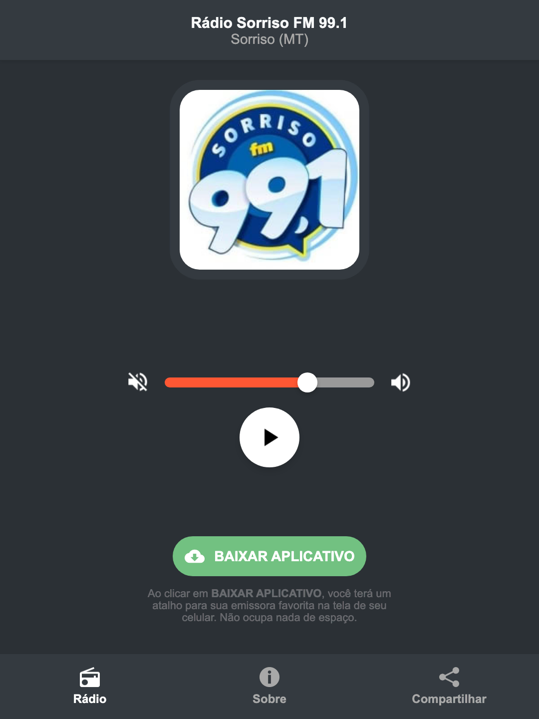 Screenshot do aplicativo da Rádio Sorriso FM 99.1