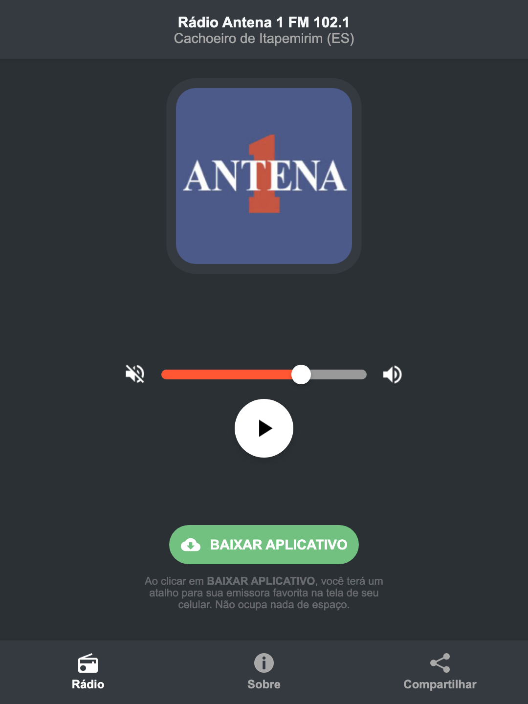 Screenshot do aplicativo da Rádio Antena 1 FM 102.1
