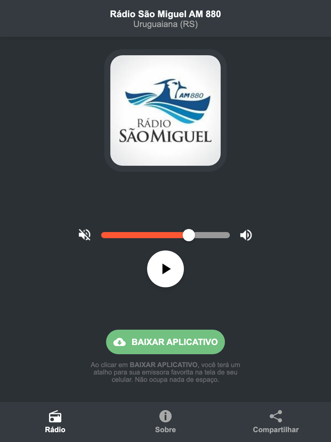 Screenshot do aplicativo da Rádio São Miguel AM 880