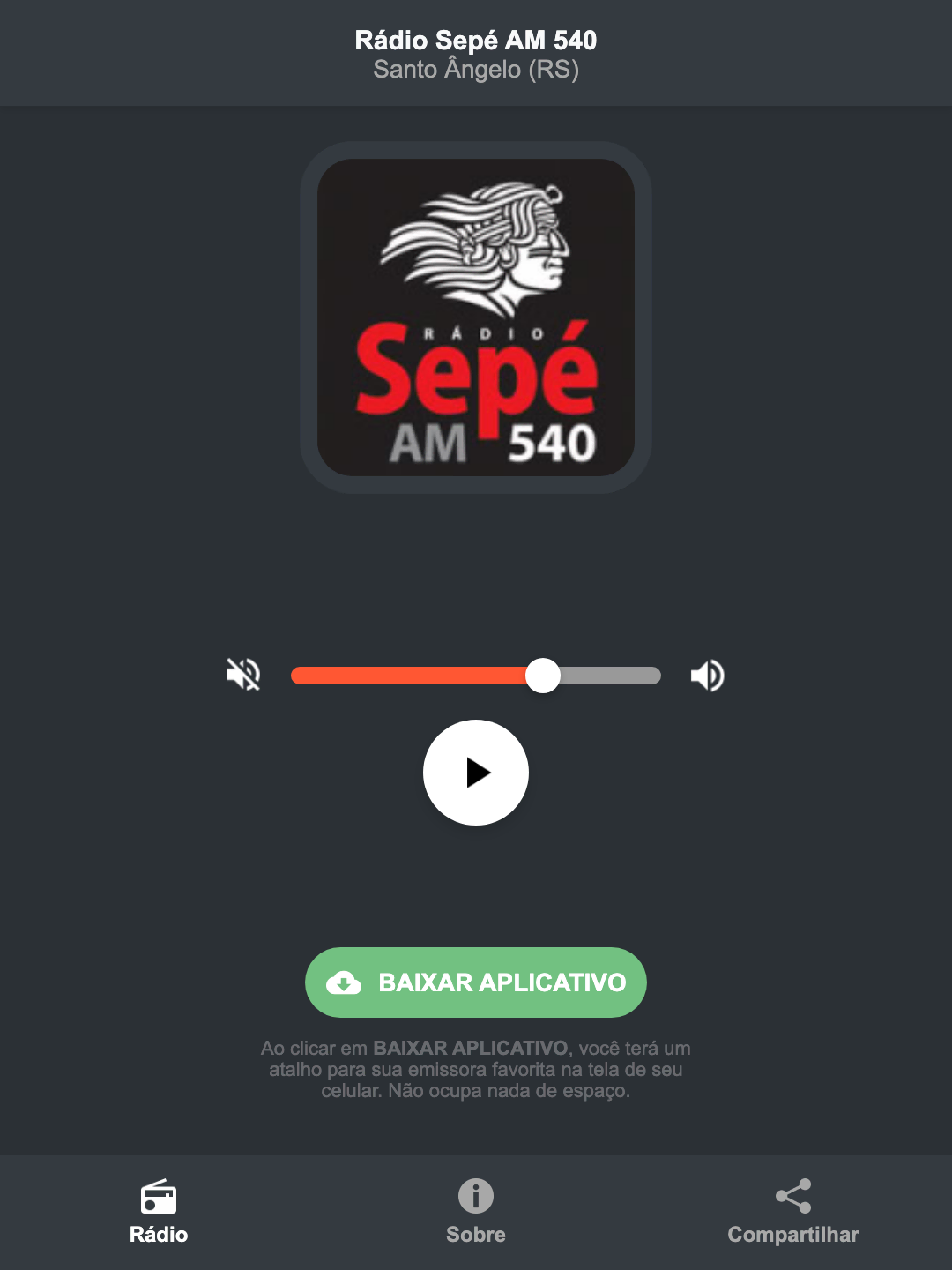 Screenshot do aplicativo da Rádio Sepé AM 540