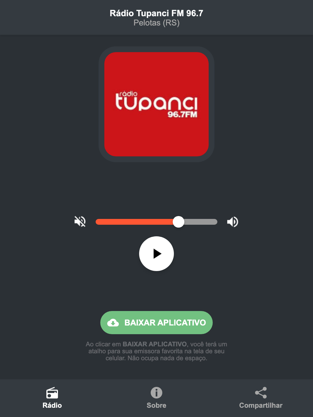Screenshot do aplicativo da Rádio Tupanci FM 96.7