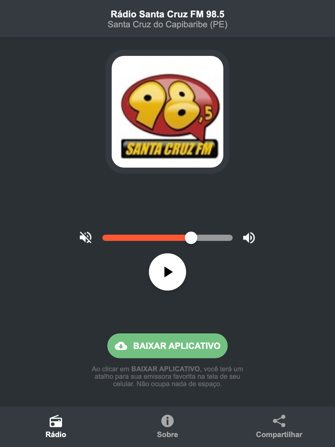 Screenshot do aplicativo da Rádio Santa Cruz FM 98.5