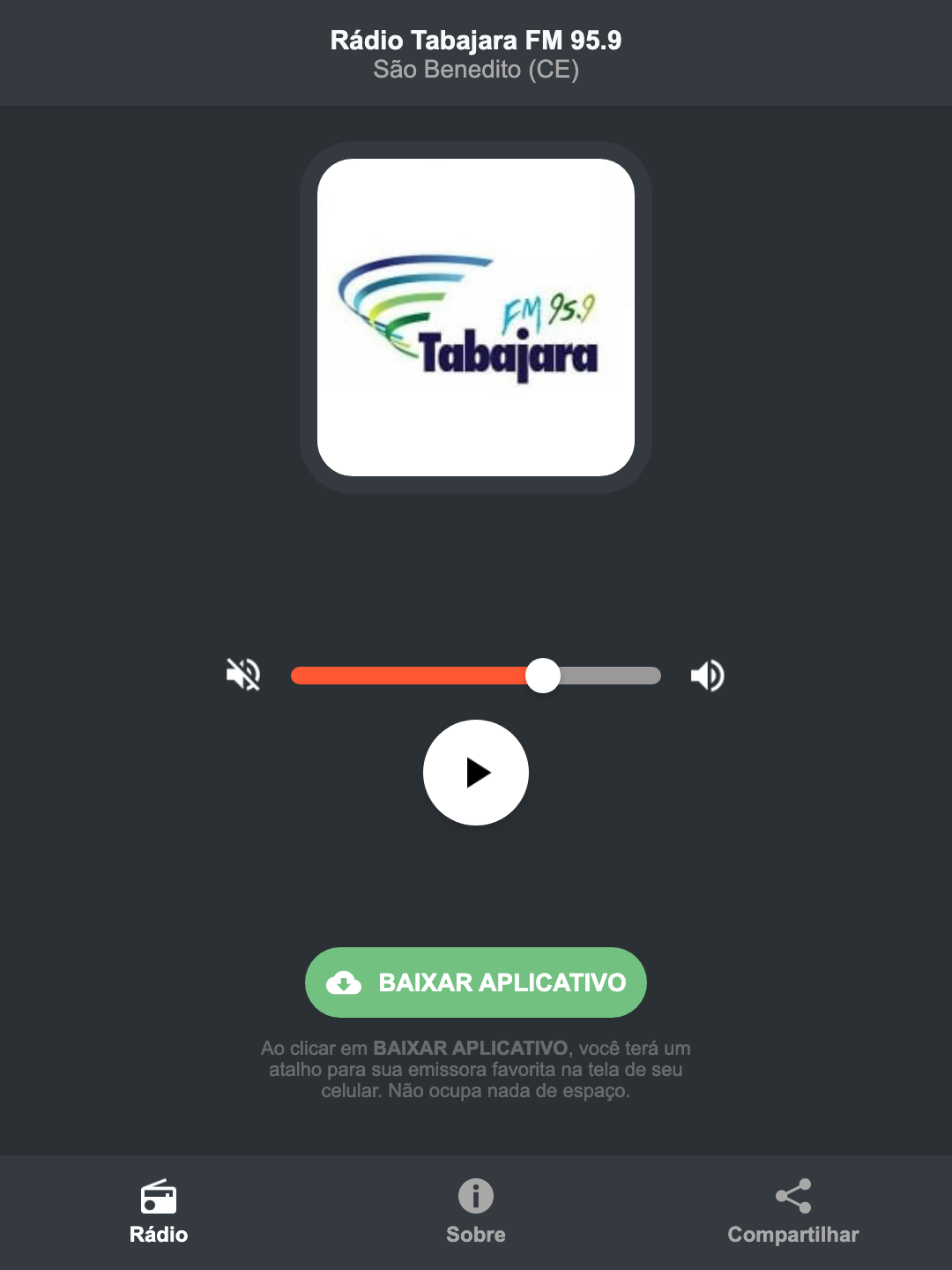 Screenshot do aplicativo da Rádio Tabajara FM 95.9