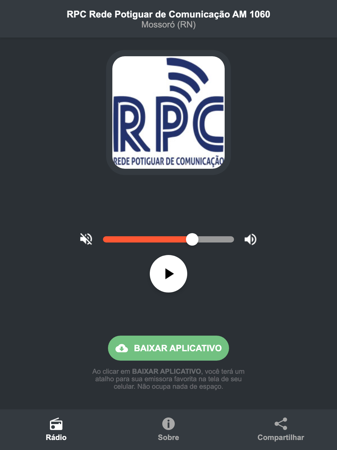 Screenshot do aplicativo da RPC Rede Potiguar de Comunicação AM 1060