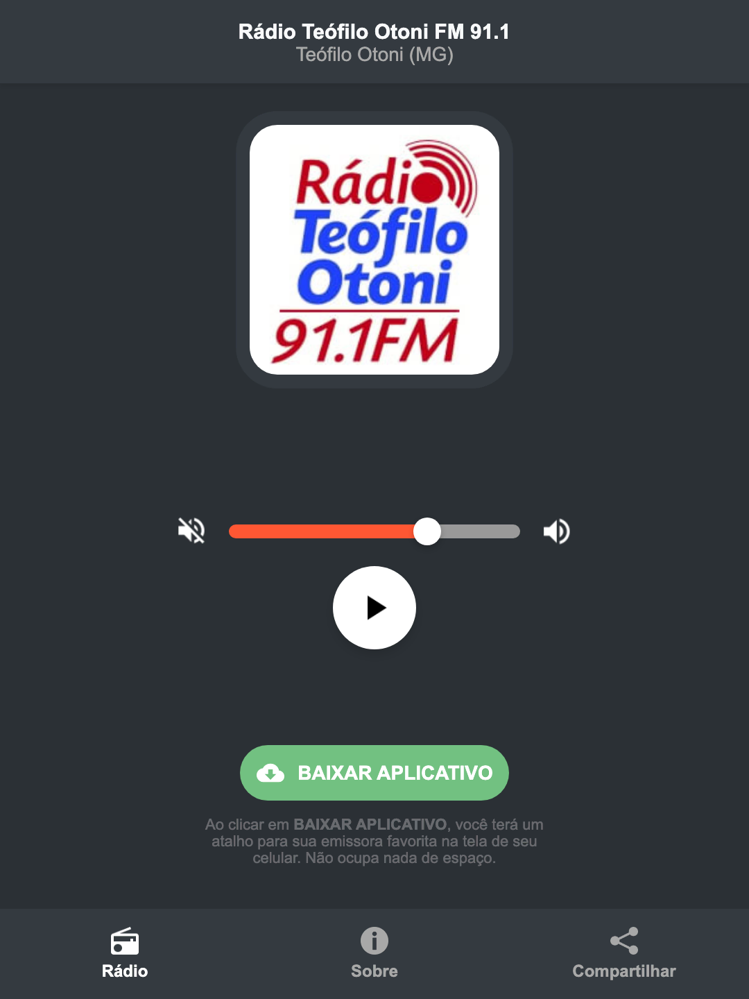 Screenshot do aplicativo da Rádio Teófilo Otoni FM 91.1