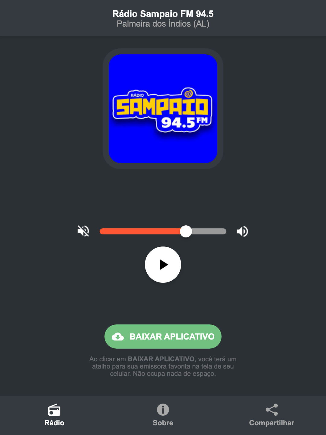 Screenshot do aplicativo da Rádio Sampaio FM 94.5