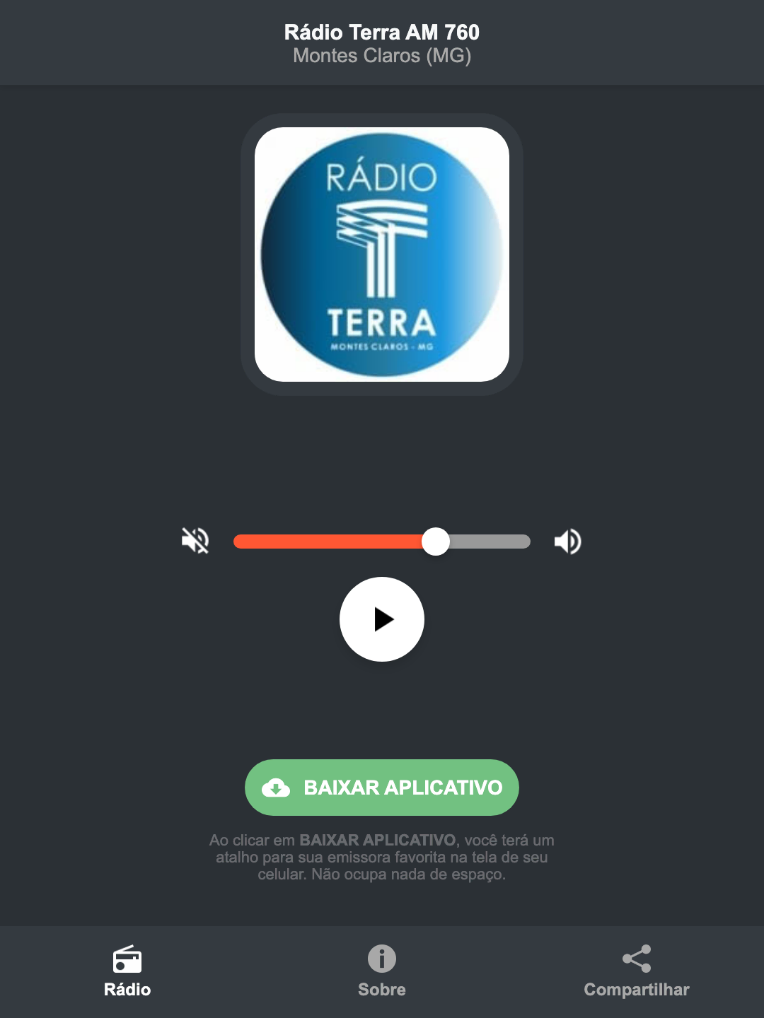 Screenshot do aplicativo da Rádio Terra AM 760