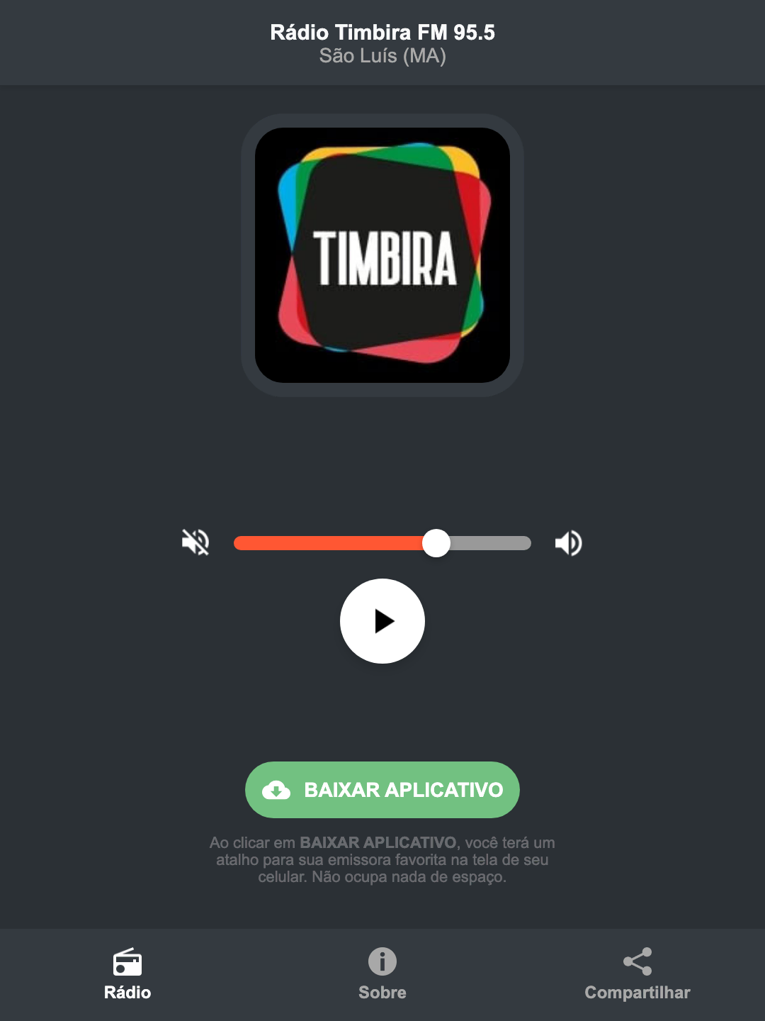 Screenshot do aplicativo da Rádio Timbira FM 95.5