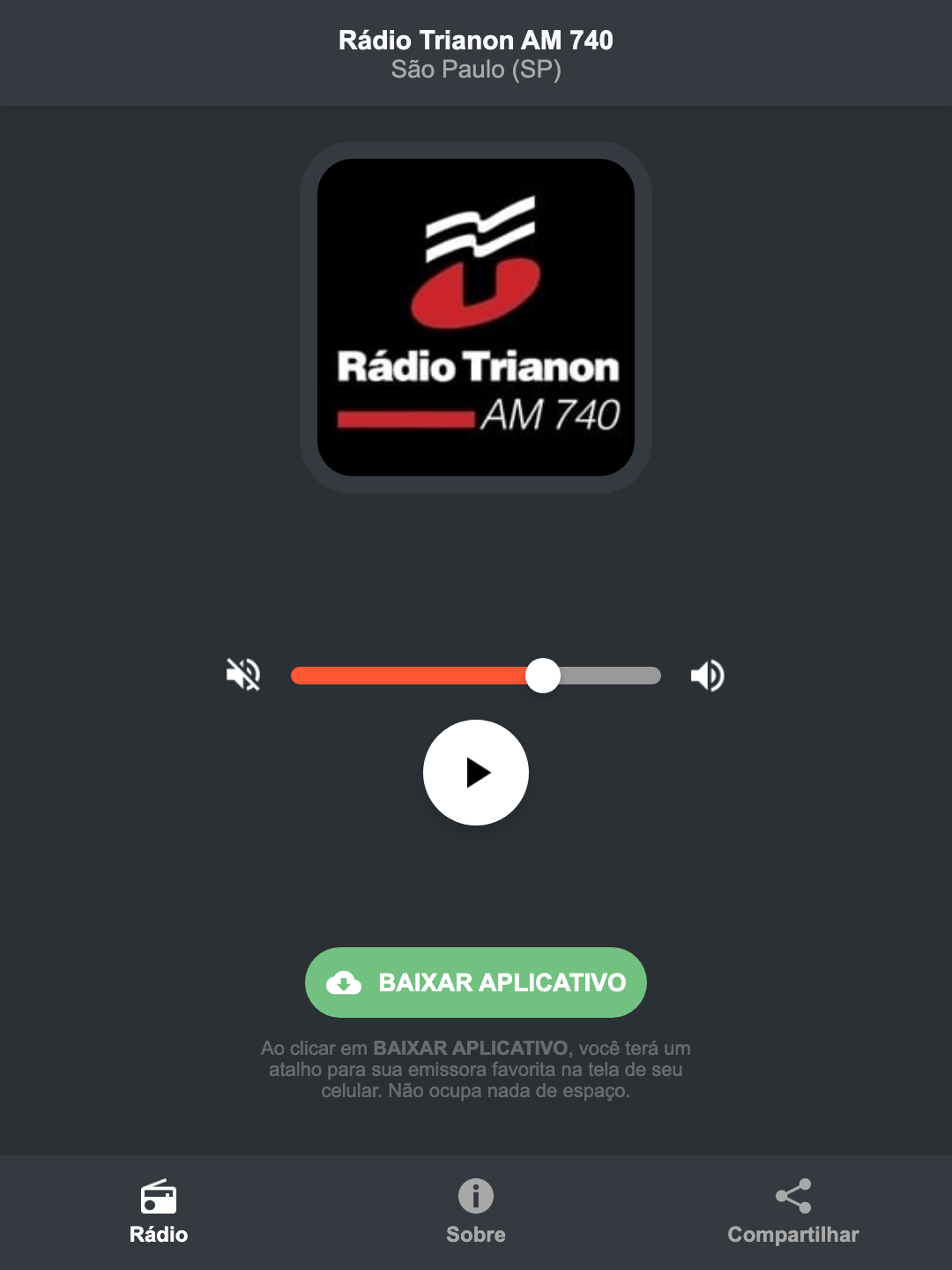 Screenshot do aplicativo da Rádio Trianon AM 740
