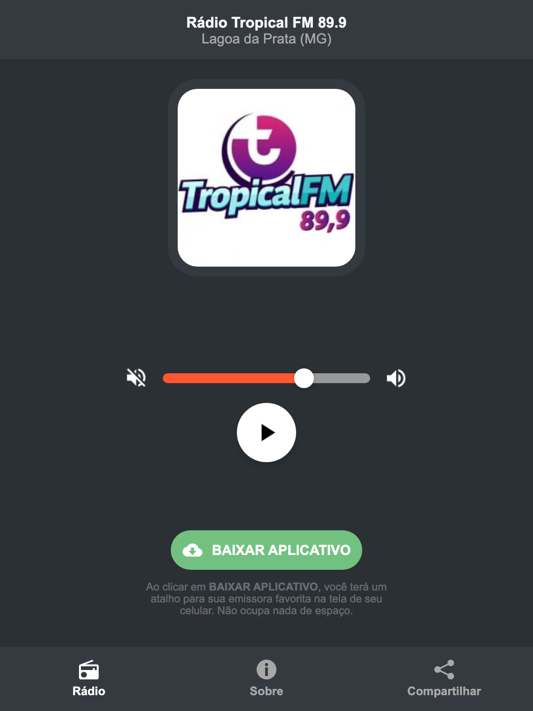 Screenshot do aplicativo da Rádio Tropical FM 89.9