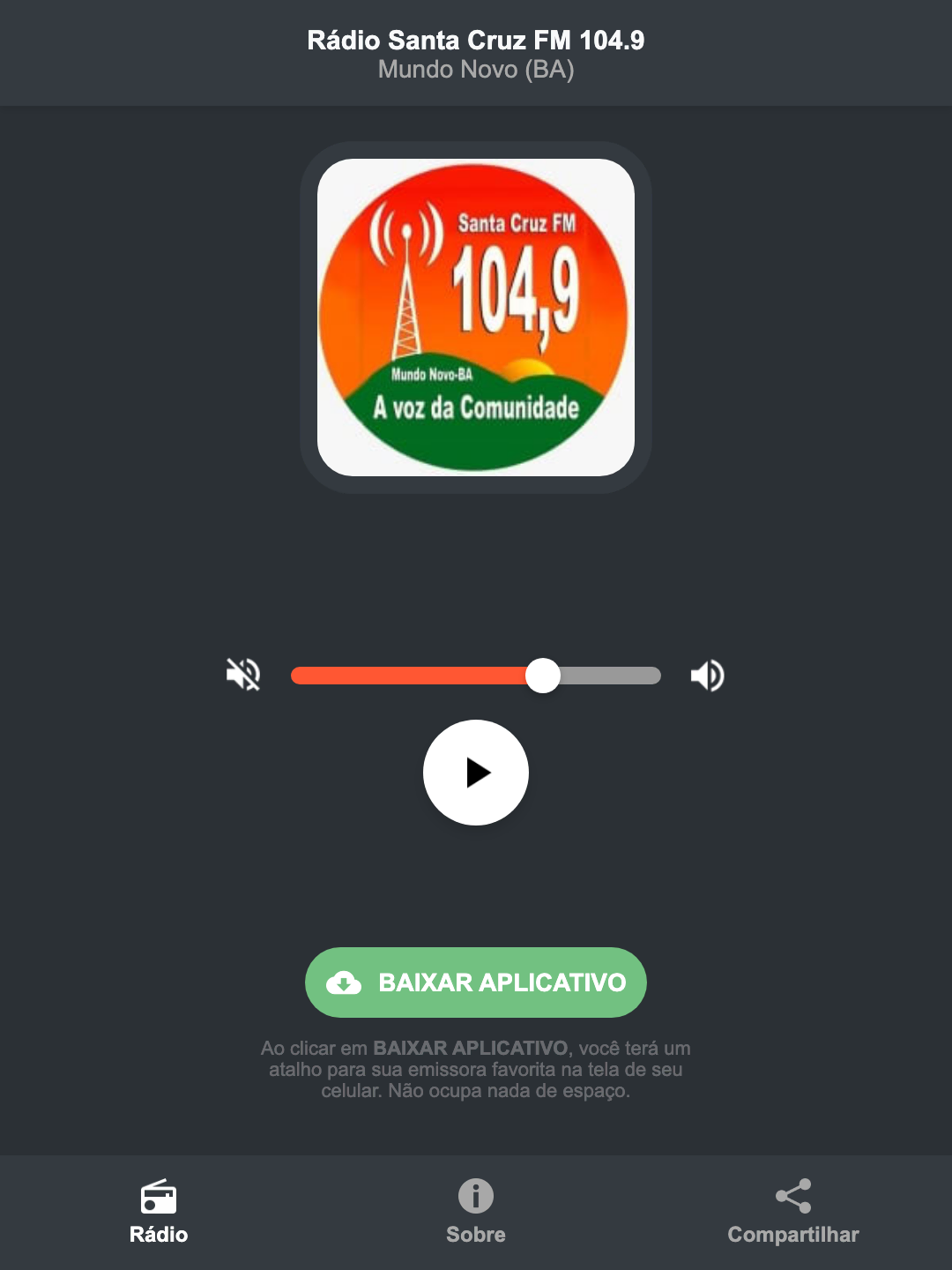Screenshot do aplicativo da Rádio Santa Cruz FM 104.9