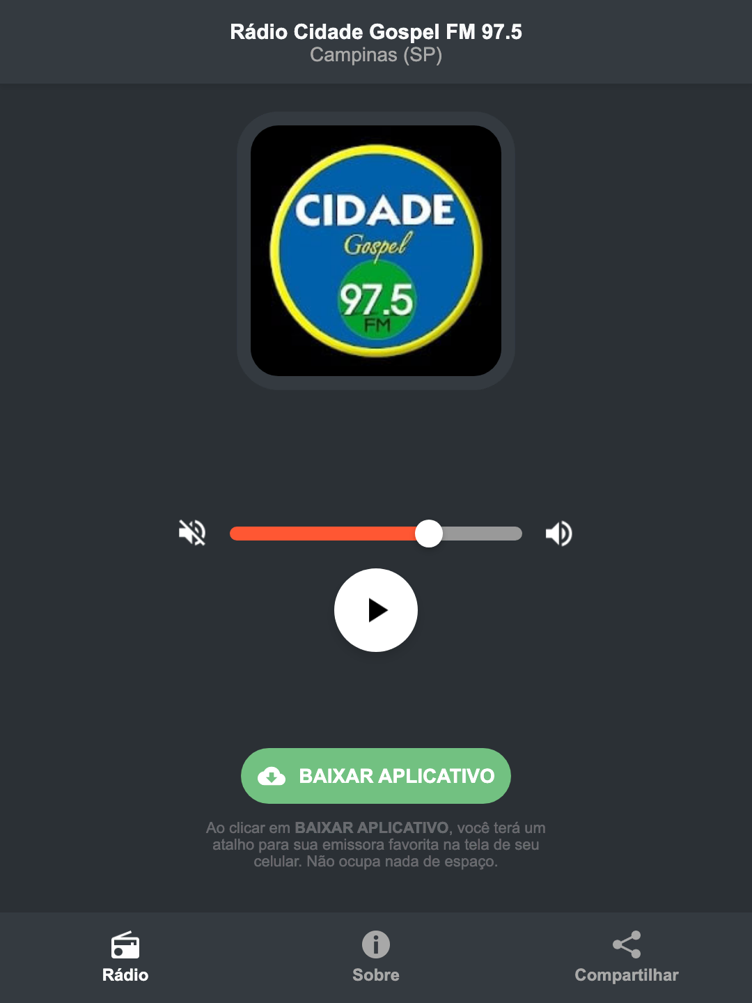 Screenshot do aplicativo da Rádio Cidade Gospel FM 97.5