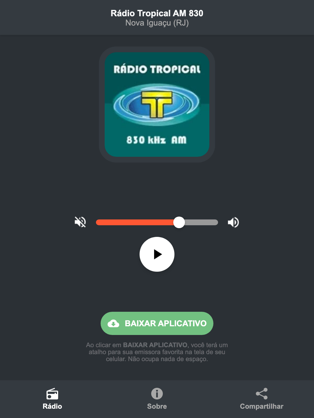 Screenshot do aplicativo da Rádio Tropical AM 830