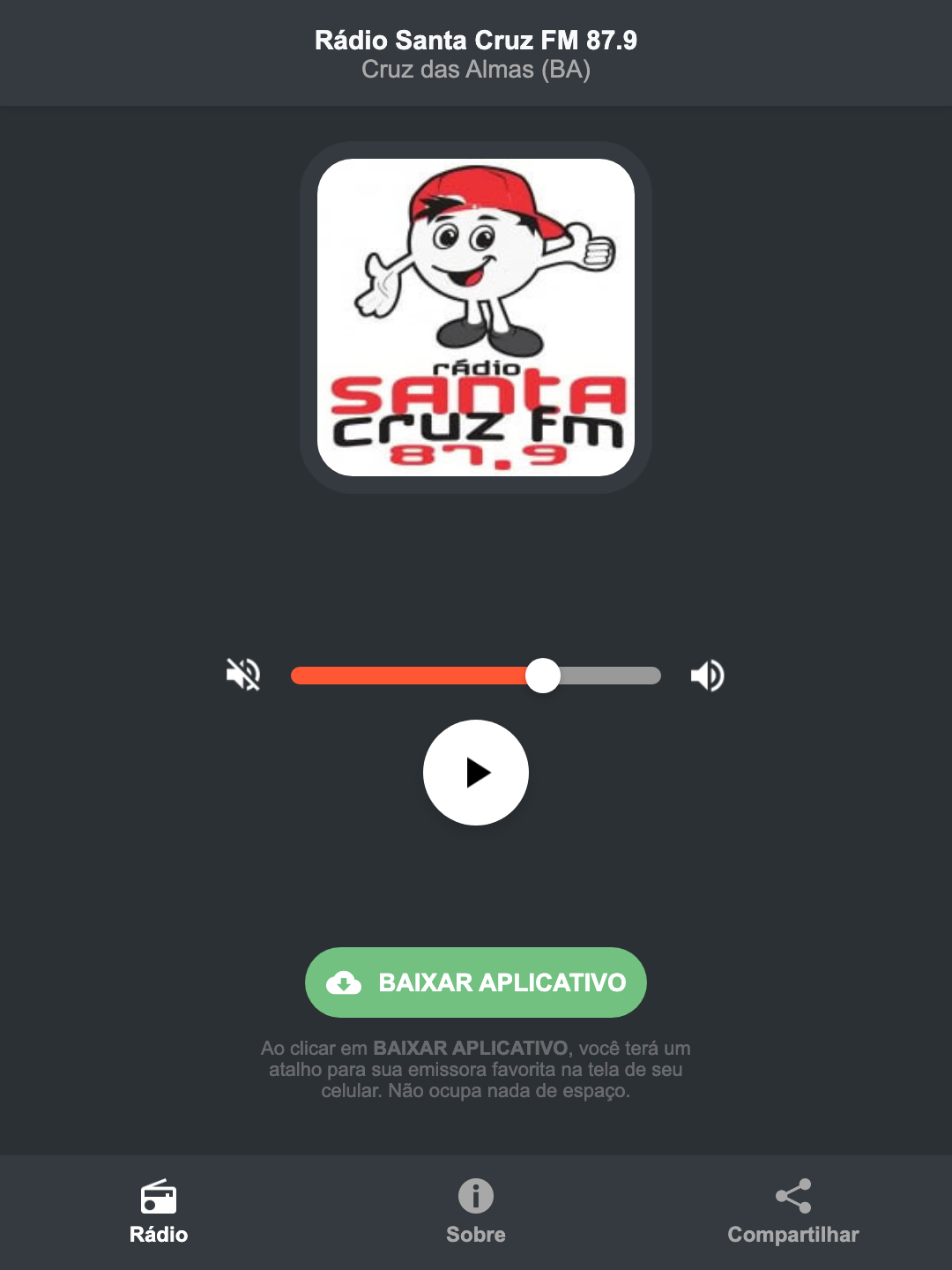 Screenshot do aplicativo da Rádio Santa Cruz FM 87.9