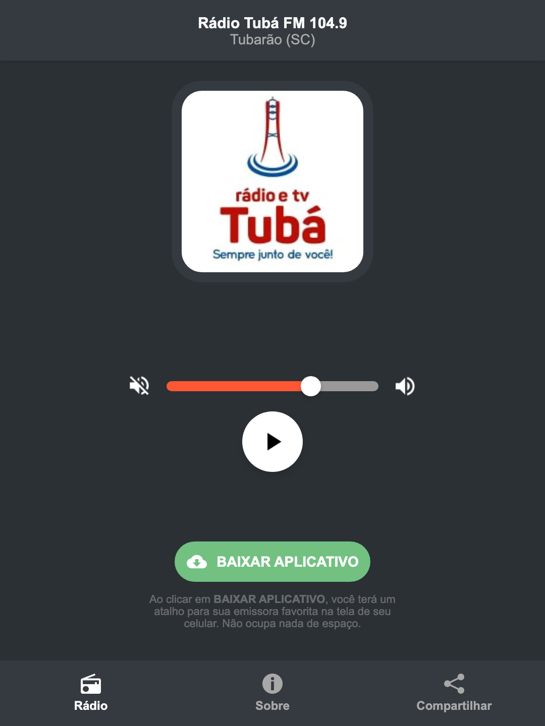 Screenshot do aplicativo da Rádio Tubá FM 104.9