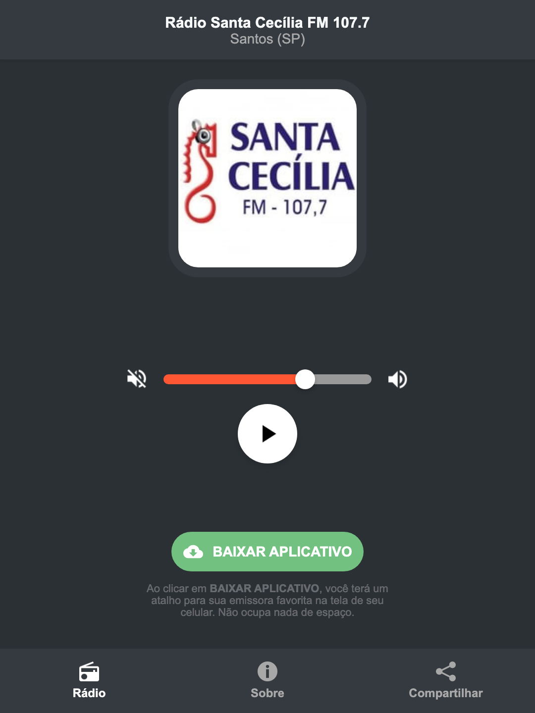 Screenshot do aplicativo da Rádio Santa Cecília FM 107.7