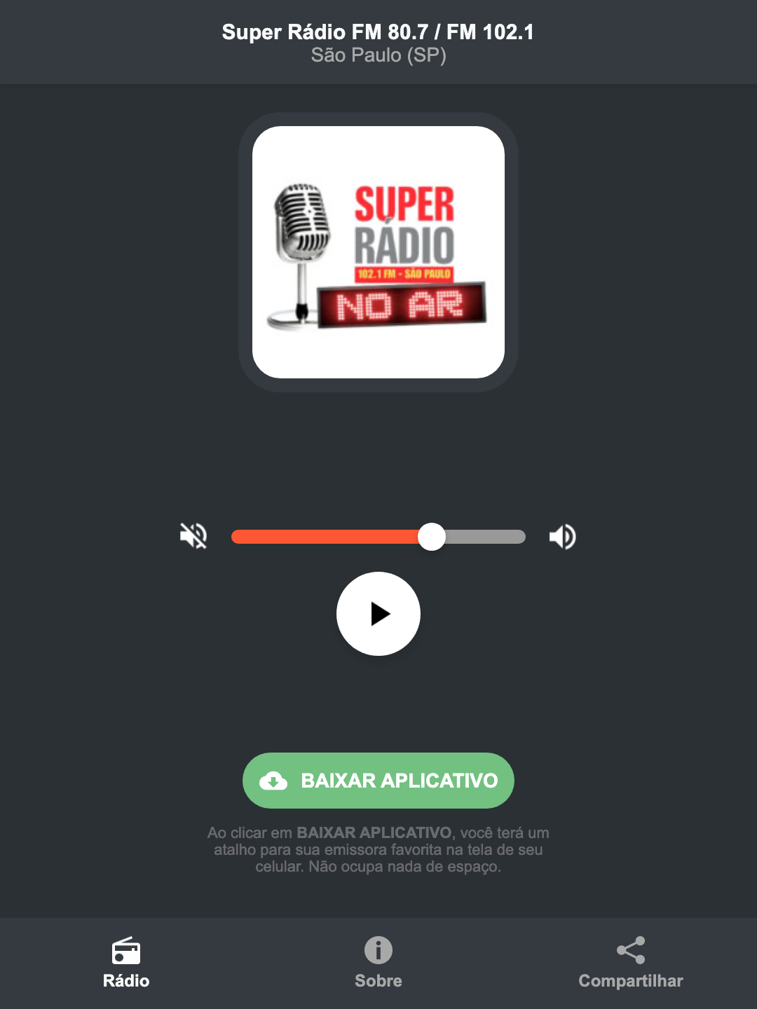 Screenshot do aplicativo da Super Rádio FM 80.7 / FM 102.1