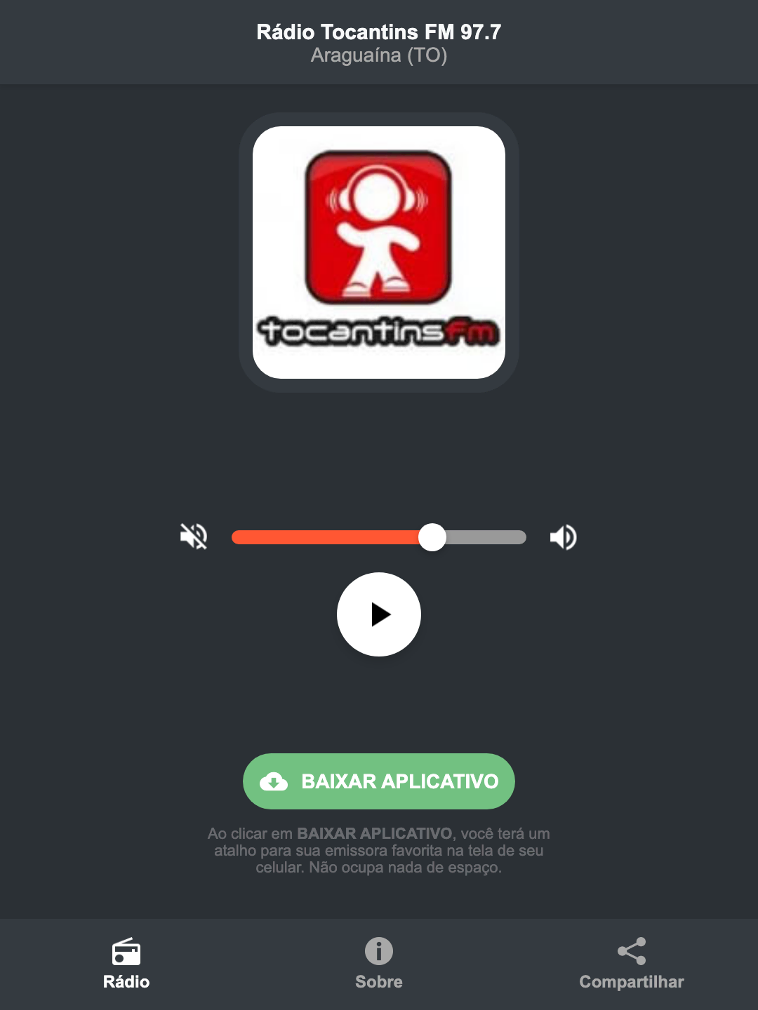 Screenshot do aplicativo da Rádio Tocantins FM 97.7