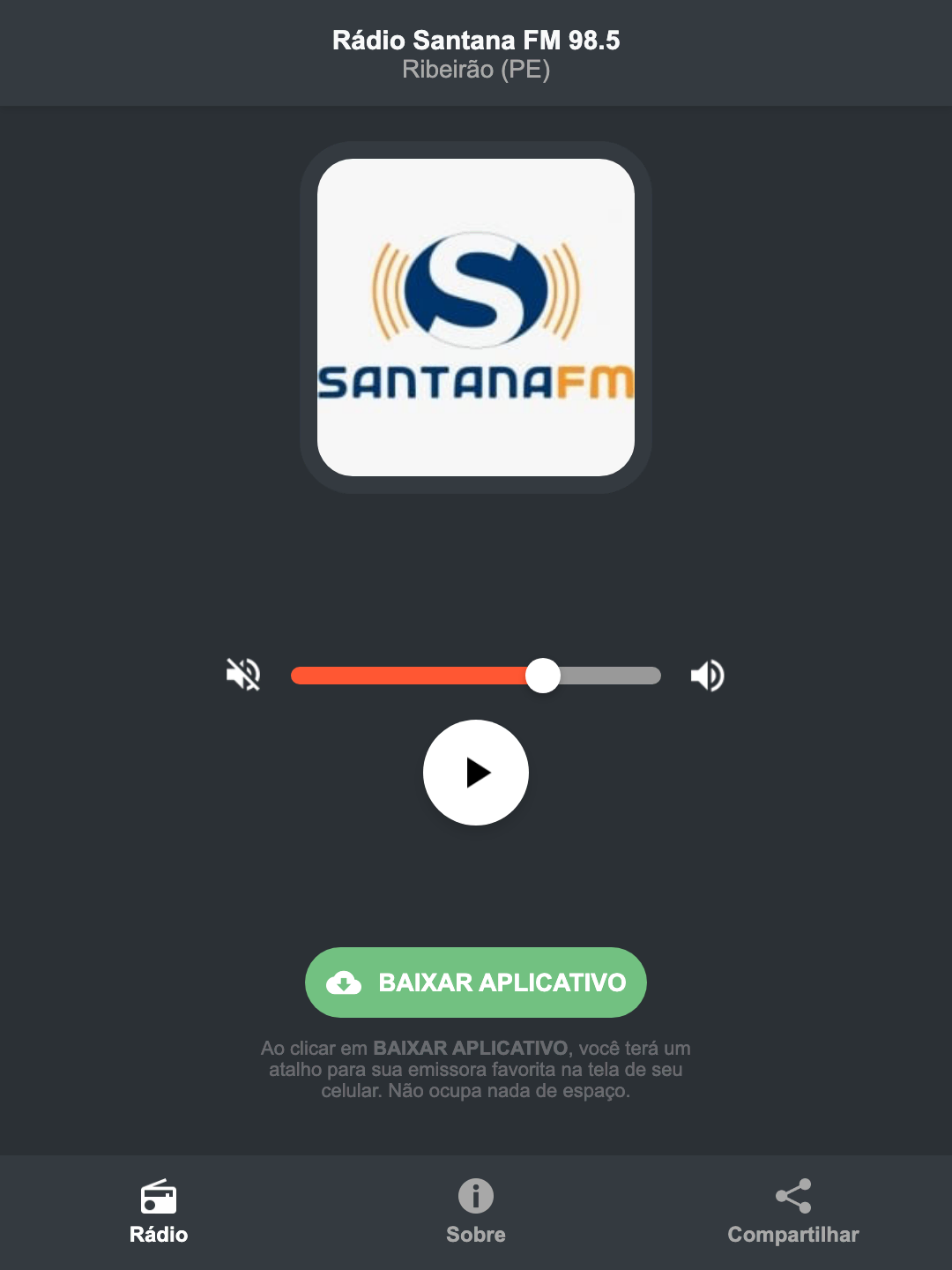Screenshot do aplicativo da Rádio Santana FM 98.5