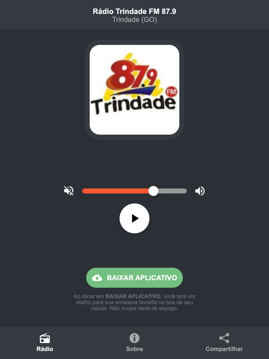 Screenshot do aplicativo da Rádio Trindade FM 87.9