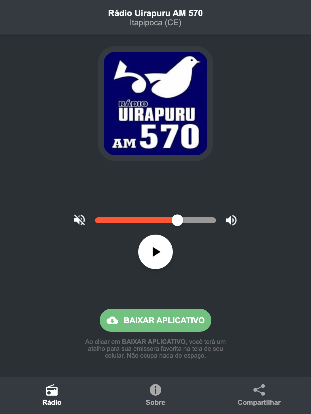 Screenshot do aplicativo da Rádio Uirapuru AM 570