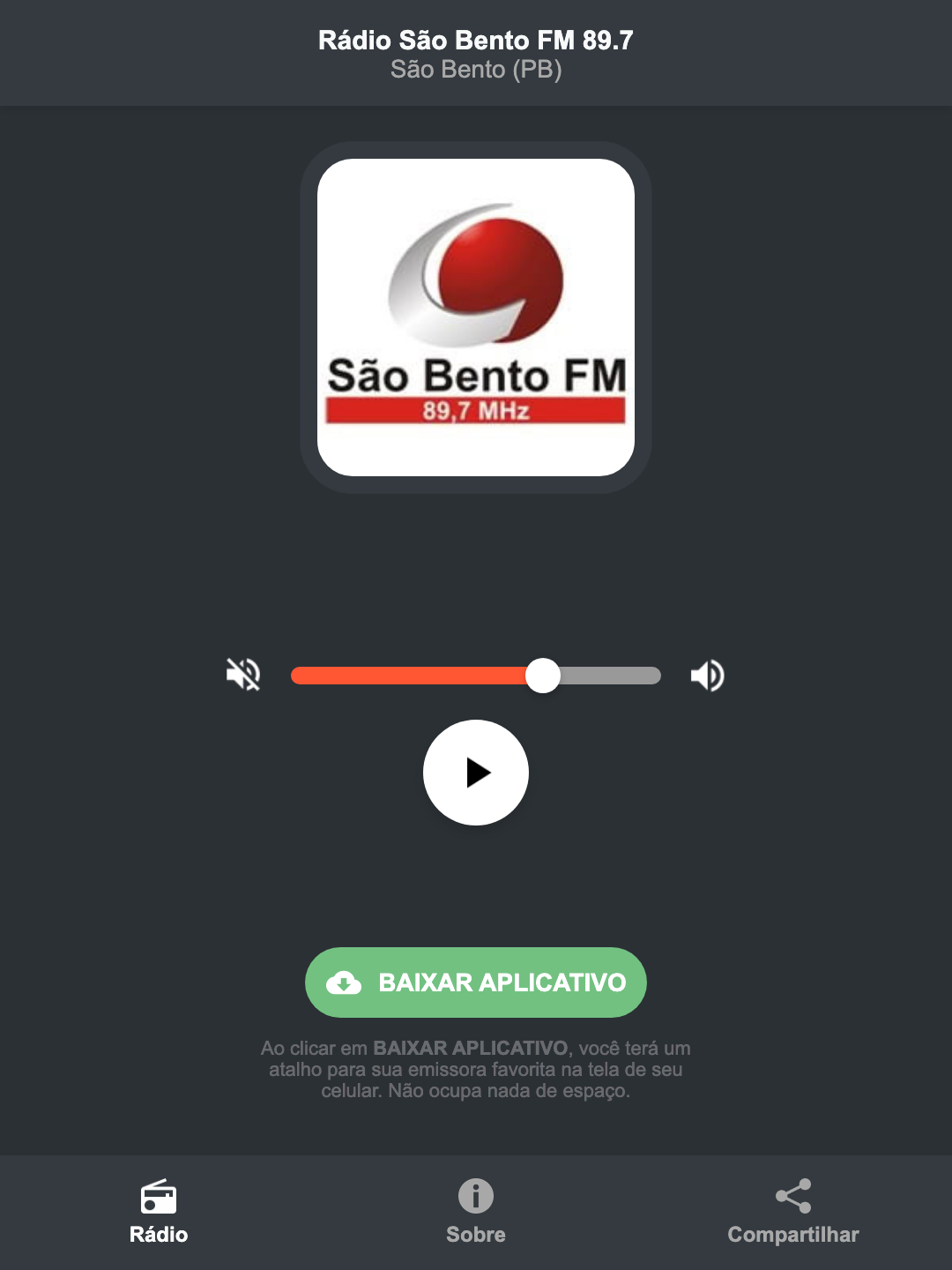 Screenshot do aplicativo da Rádio São Bento FM 89.7