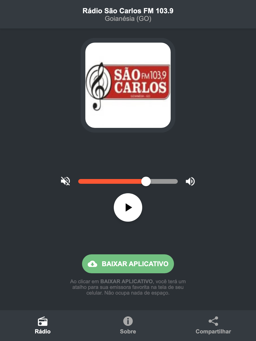 Screenshot do aplicativo da Rádio São Carlos FM 103.9