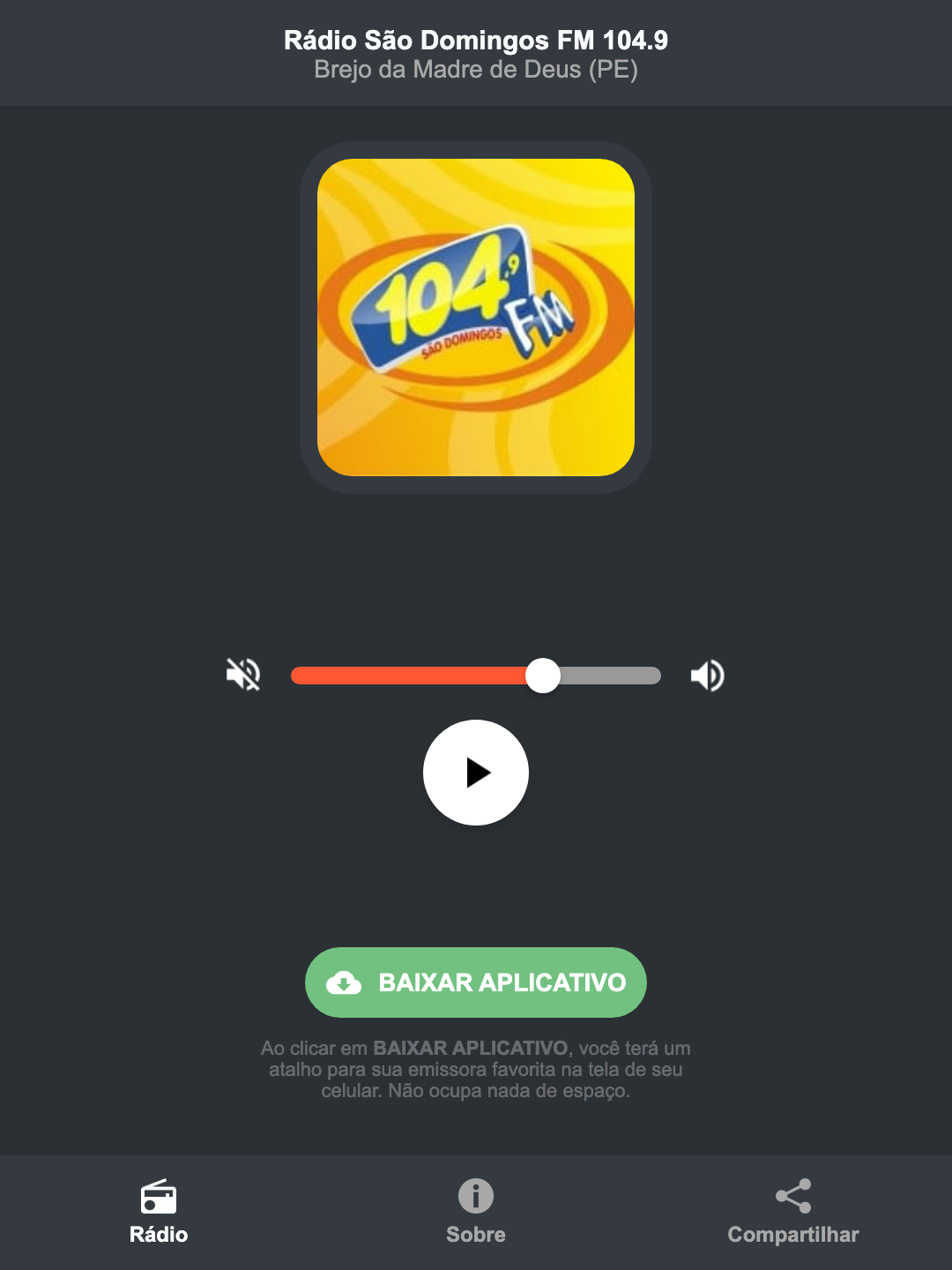 Screenshot do aplicativo da Rádio São Domingos FM 104.9