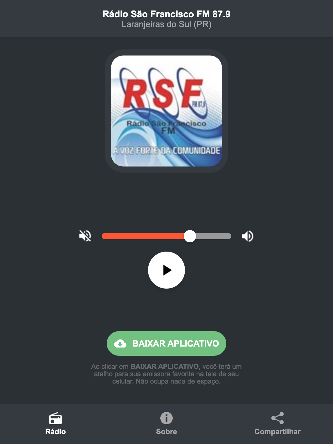 Screenshot do aplicativo da Rádio São Francisco FM 87.9