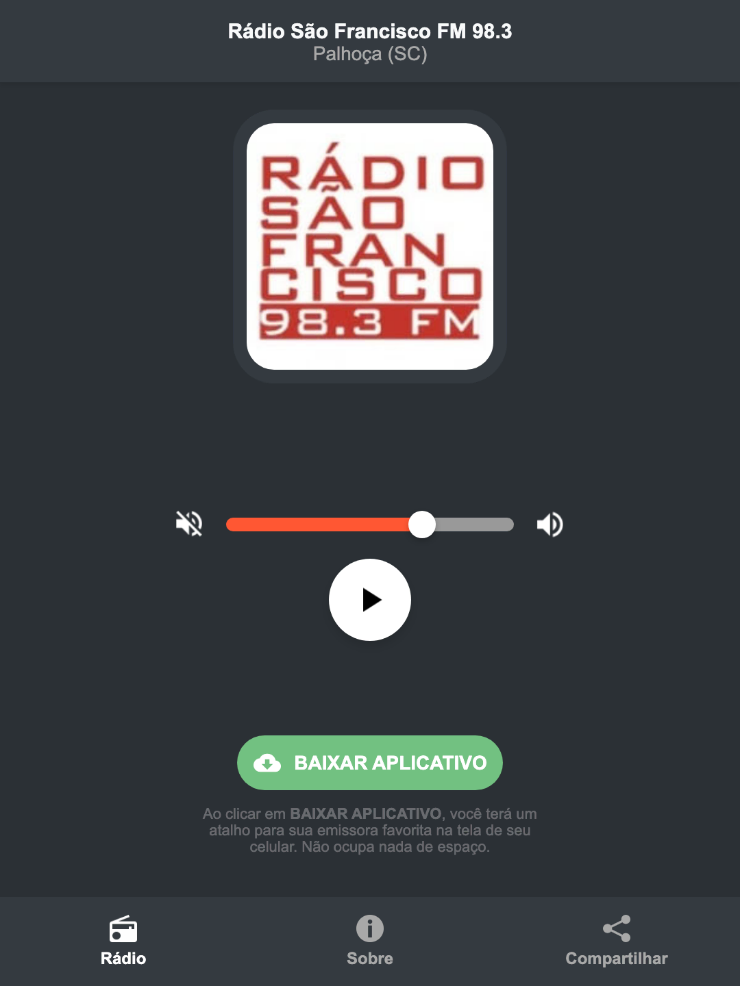 Screenshot do aplicativo da Rádio São Francisco FM 98.3