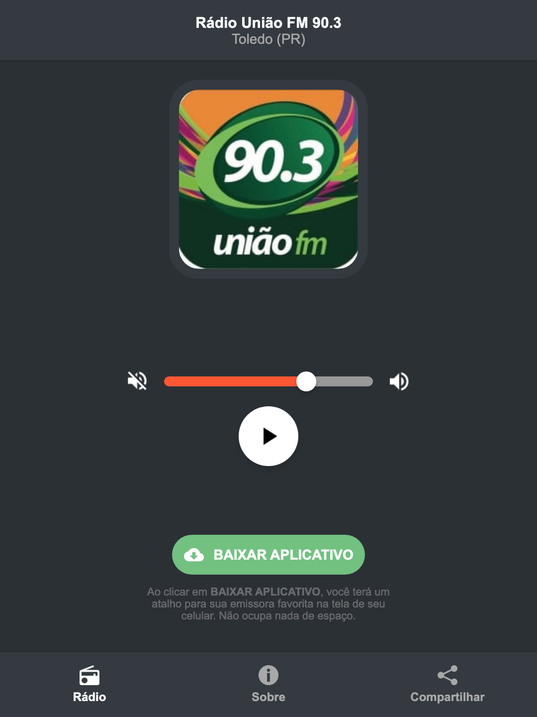 Screenshot do aplicativo da Rádio União FM 90.3