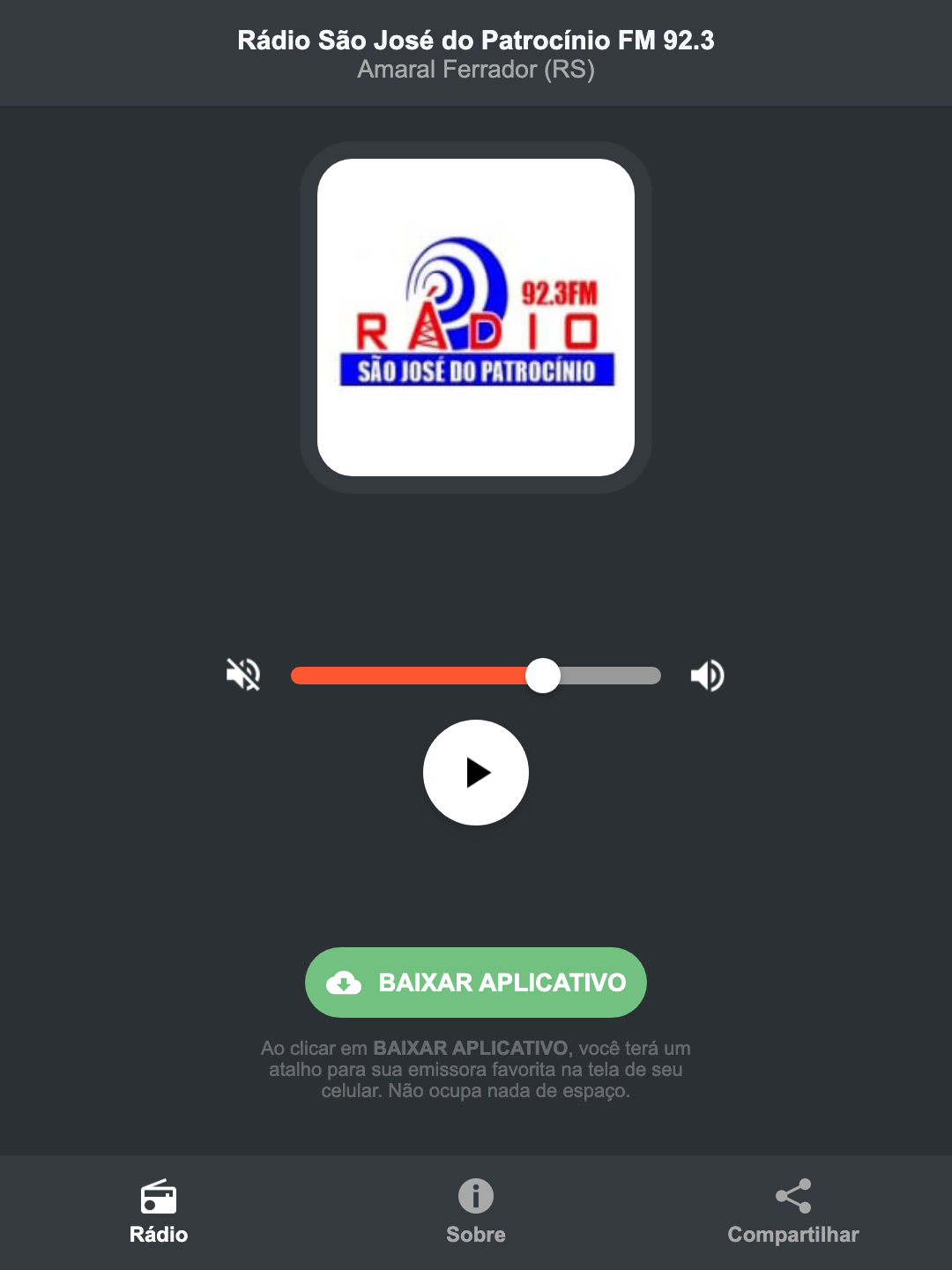 Screenshot do aplicativo da Rádio São José do Patrocínio FM 92.3