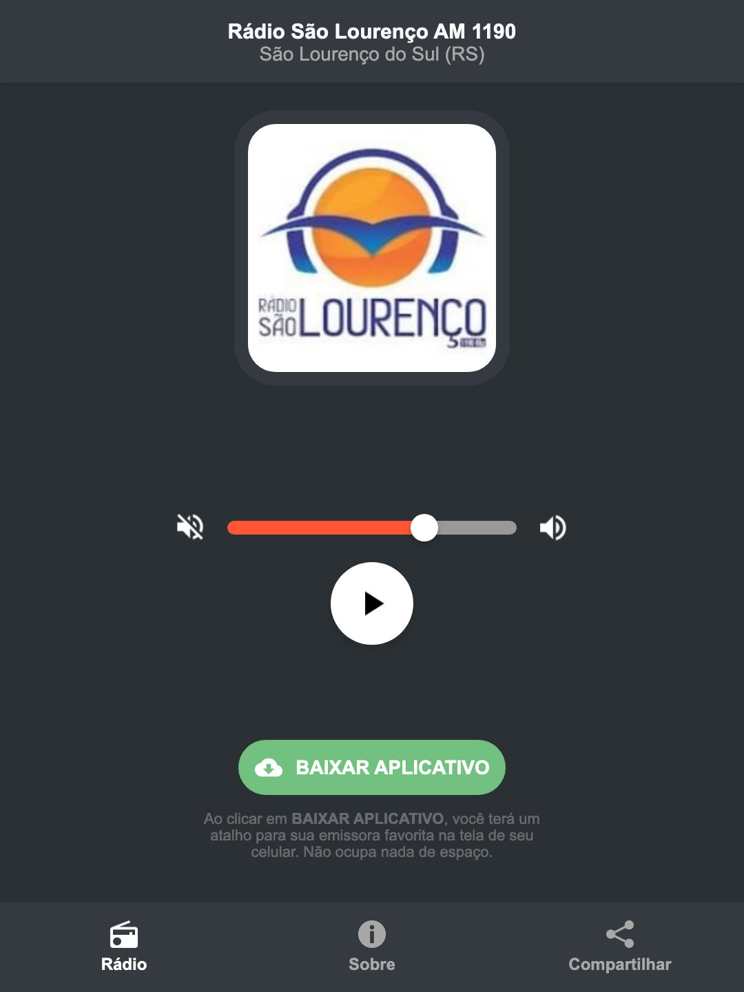 Screenshot do aplicativo da Rádio São Lourenço AM 1190