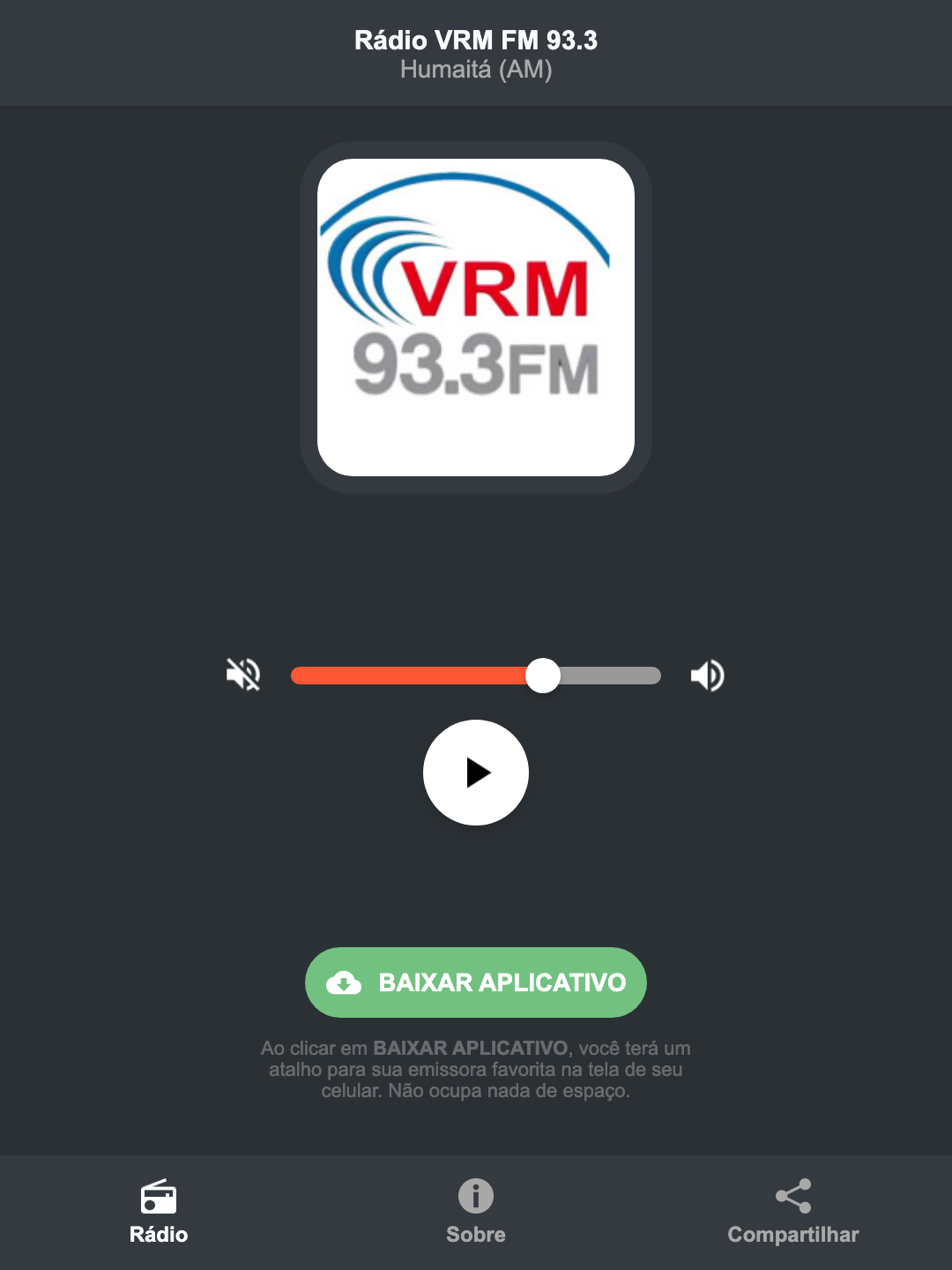 Screenshot do aplicativo da Rádio VRM FM 93.3