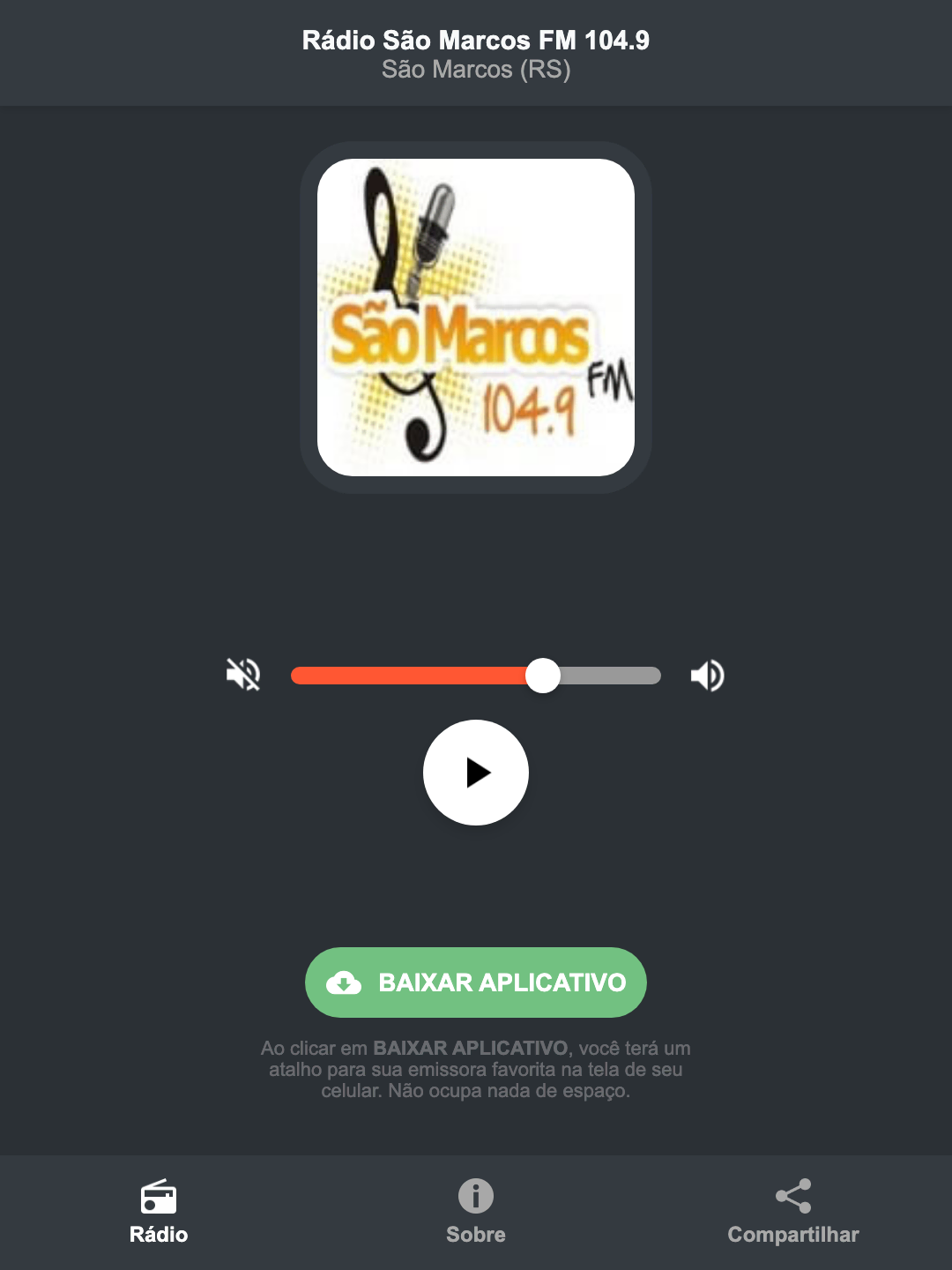 Screenshot do aplicativo da Rádio São Marcos FM 104.9
